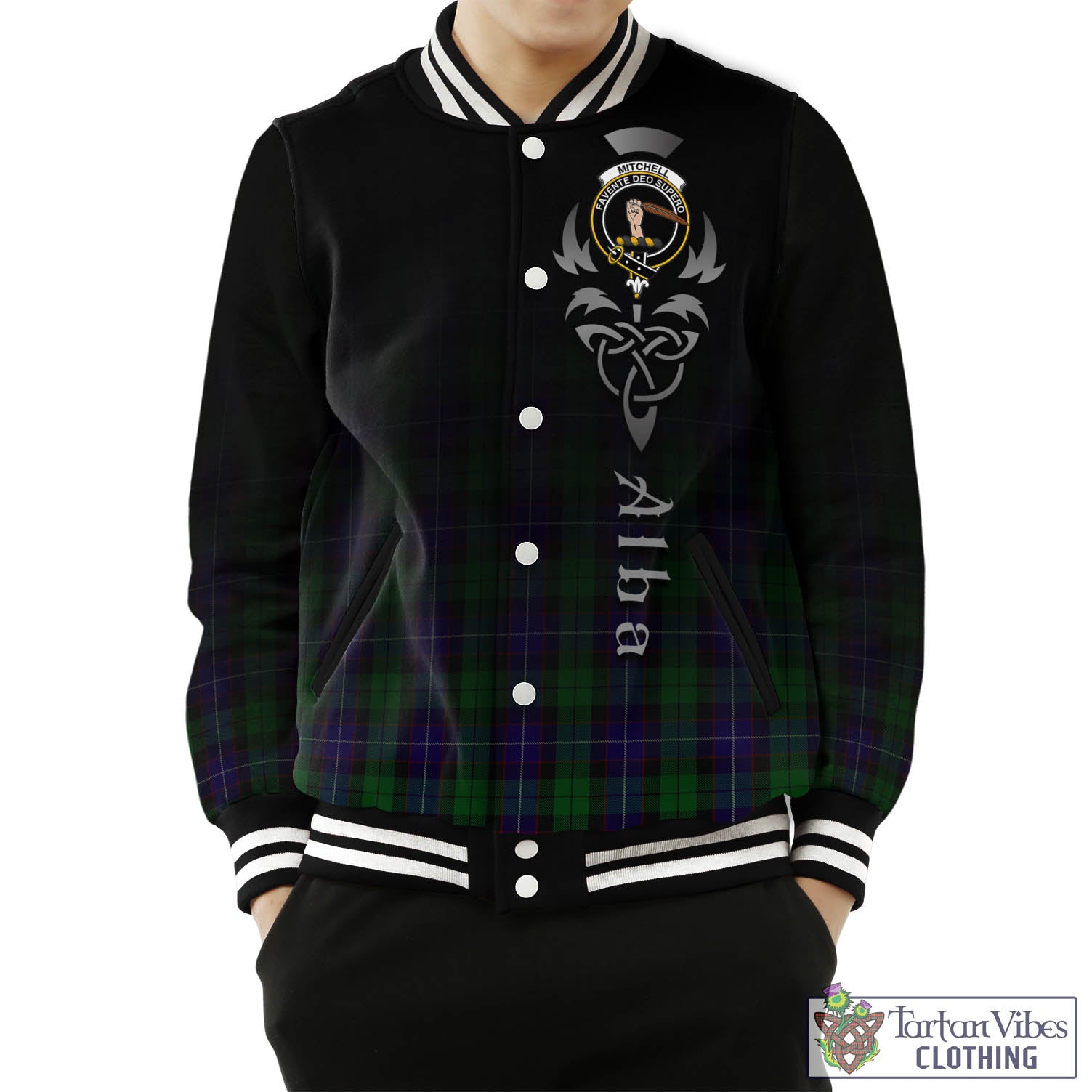 Mitchell Tartan Baseball Jacket Featuring Alba Gu Brath Family Crest Celtic Inspired Unisex - Tartan Vibes Clothing