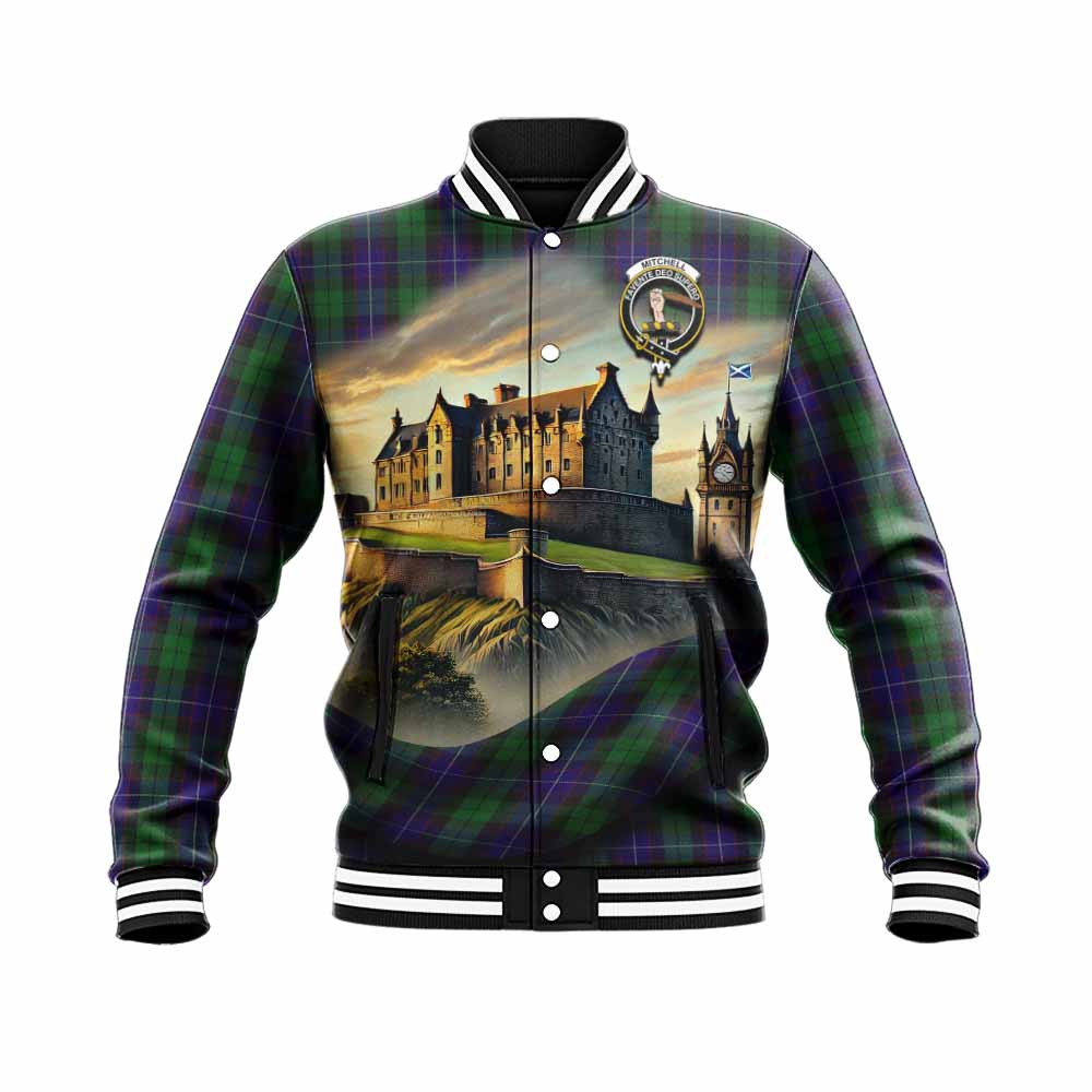 Mitchell Tartan Family Crest Baseball Jacket with Scottish Ancient Castle Style Unisex - Tartan Vibes Clothing