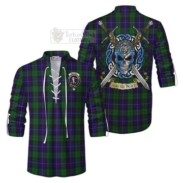 Mitchell Tartan Ghillie Kilt Shirt with Family Crest Celtic Skull Style Men - Tartan Vibes Clothing
