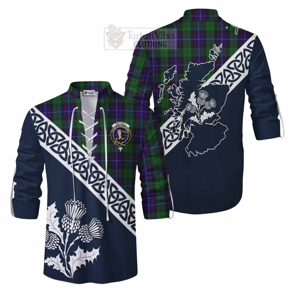 Mitchell Tartan Ghillie Kilt Shirt Featuring Thistle and Scotland Map Men - Tartan Vibes Clothing