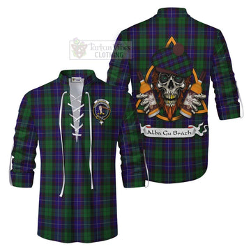 Mitchell Tartan Ghillie Kilt Shirt with Family Crest and Bearded Skull Holding Bottles of Whiskey Men - Tartan Vibes Clothing