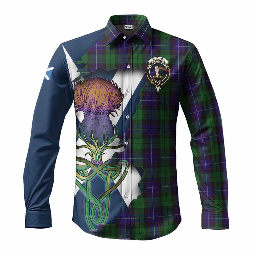 Mitchell Tartan Family Crest Long Sleeve Button Shirt Scottish Thistle Celtic Inspired Men's Shirt S - Tartan Vibes Clothing