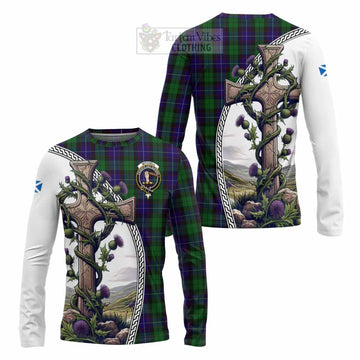 Mitchell Tartan Long Sleeve T-Shirt with Family Crest and St. Andrew's Cross Accented by Thistle Vines Unisex - Tartan Vibes Clothing