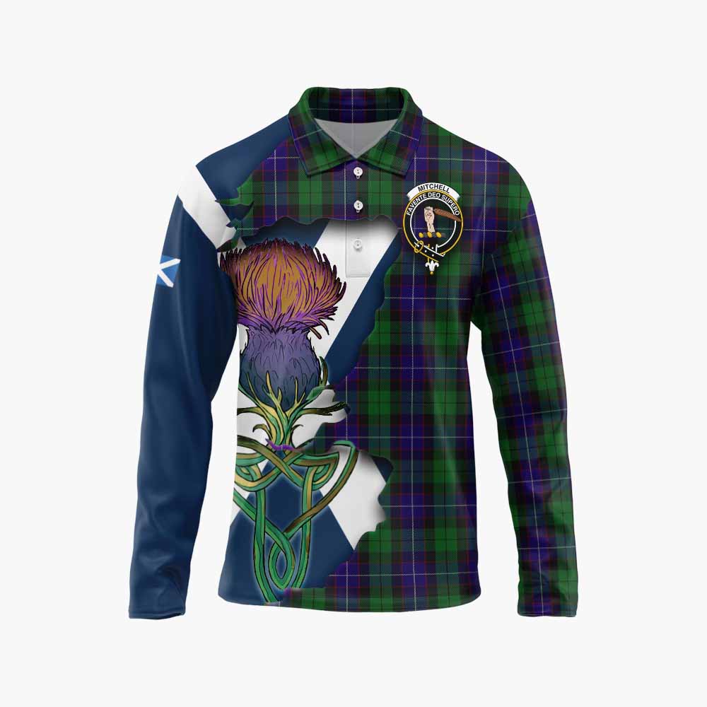 Mitchell Tartan Family Crest Long Sleeve Polo Shirt Scottish Thistle Celtic Inspired Unisex - Tartan Vibes Clothing