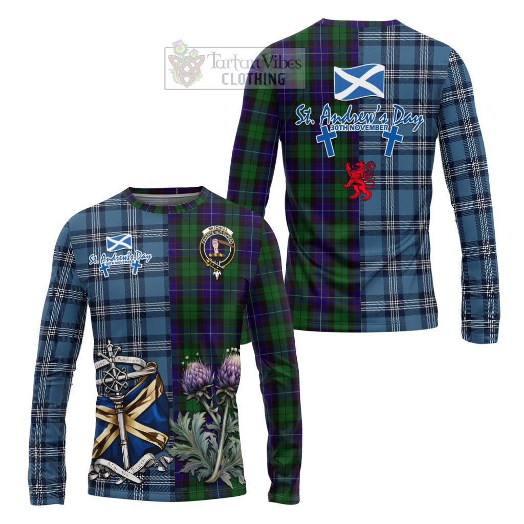 Mitchell Tartan Long Sleeve T-Shirt Happy St. Andrew's Day Half Tartan Style Unisex - Tartan Vibes Clothing