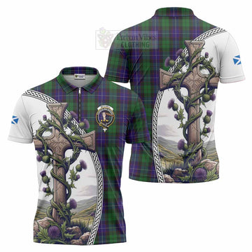 Mitchell Tartan Zipper Polo Shirt with Family Crest and St. Andrew's Cross Accented by Thistle Vines Unisex - Tartan Vibes Clothing