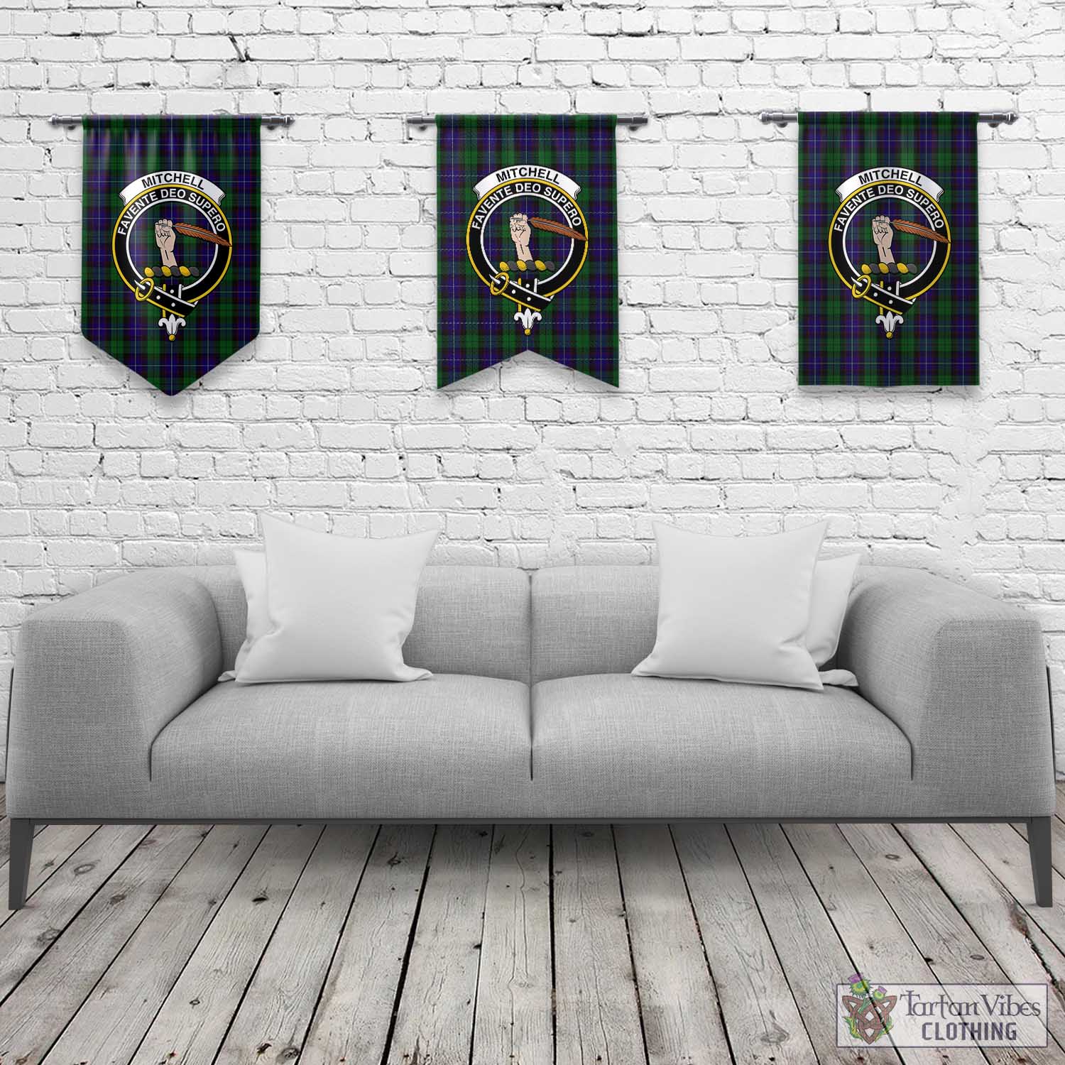 Mitchell Tartan Gonfalon, Tartan Banner with Family Crest Rectangle - Tartan Vibes Clothing