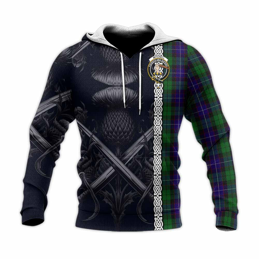 Mitchell Tartan Knitted Hoodie with Family Crest Cross Sword Thistle Celtic Vibes Unisex Knitted Pullover Hoodie - Tartan Vibes Clothing