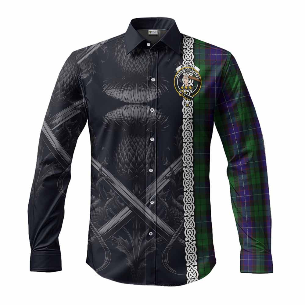 Tartan Vibes Clothing Mitchell Tartan Long Sleeve Button Shirt with Family Crest Cross Sword Thistle Celtic Vibes