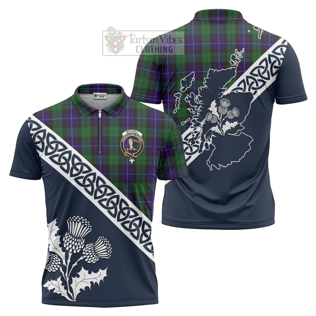 Mitchell Tartan Zipper Polo Shirt Featuring Thistle and Scotland Map Unisex - Tartanvibesclothing Store