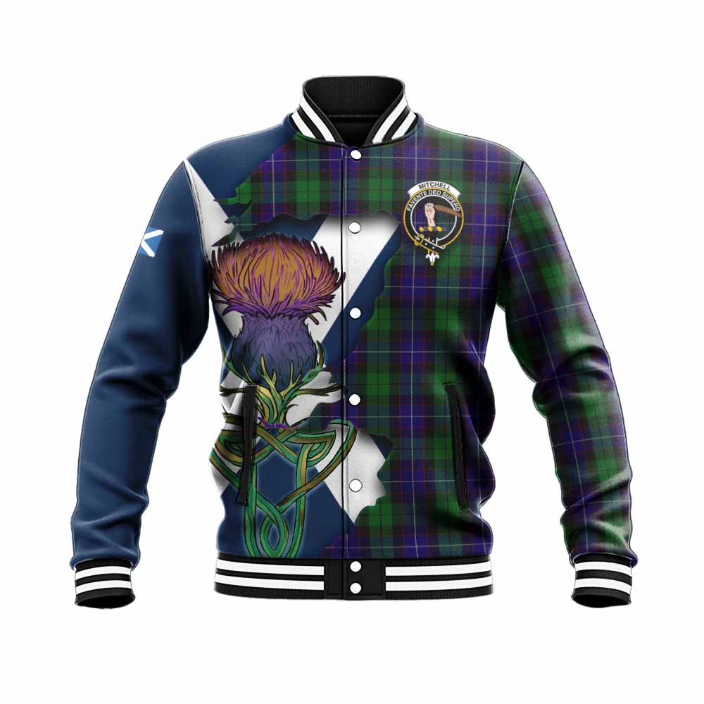 Tartan Vibes Clothing Mitchell Tartan Family Crest Baseball Jacket Scottish Thistle Celtic Inspired