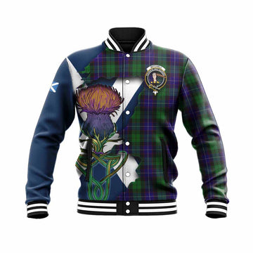 Tartan Vibes Clothing Mitchell Tartan Family Crest Baseball Jacket Scottish Thistle Celtic Inspired