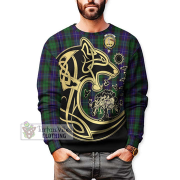 Mitchell Tartan Sweatshirt with Family Crest Celtic Wolf Style Unisex - Tartan Vibes Clothing