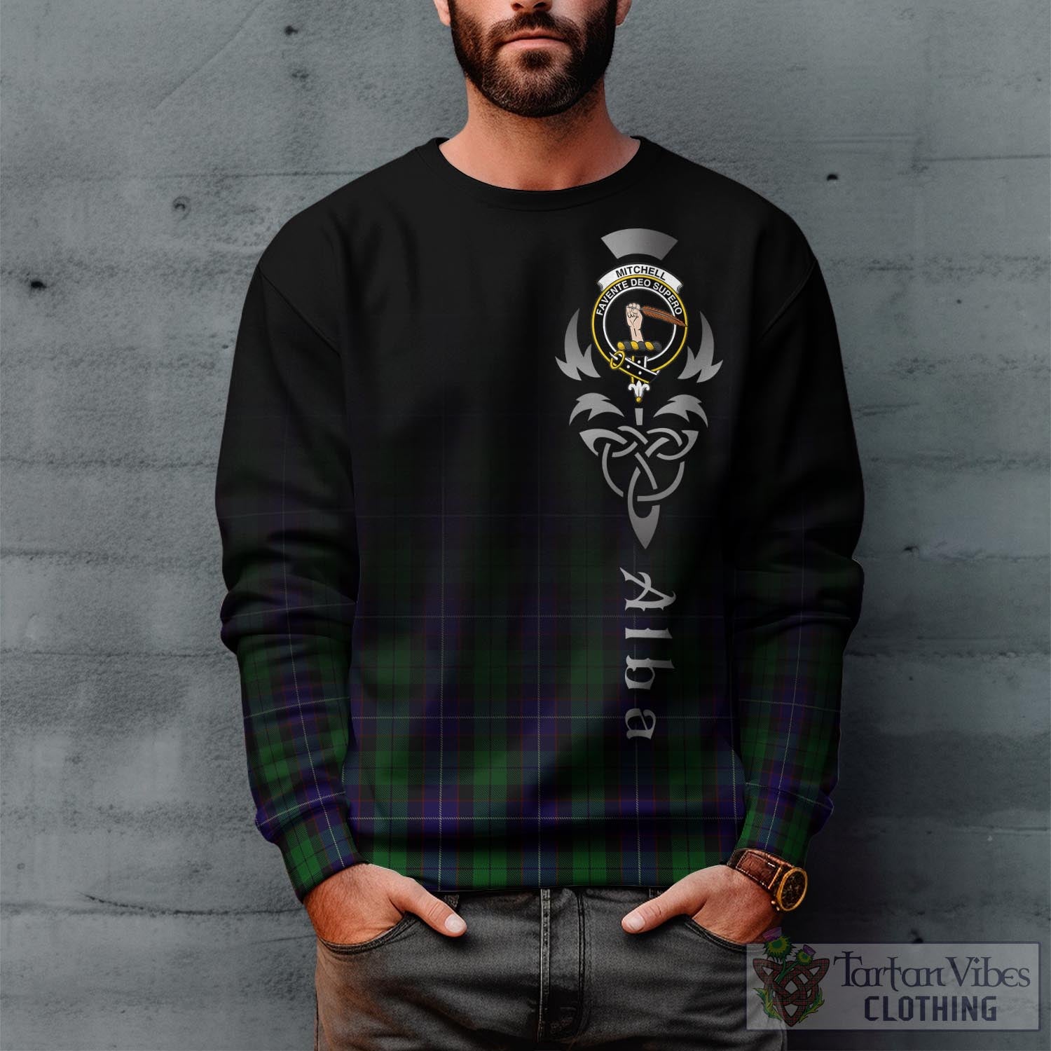 Mitchell Tartan Sweatshirt Featuring Alba Gu Brath Family Crest Celtic Inspired Unisex - Tartan Vibes Clothing