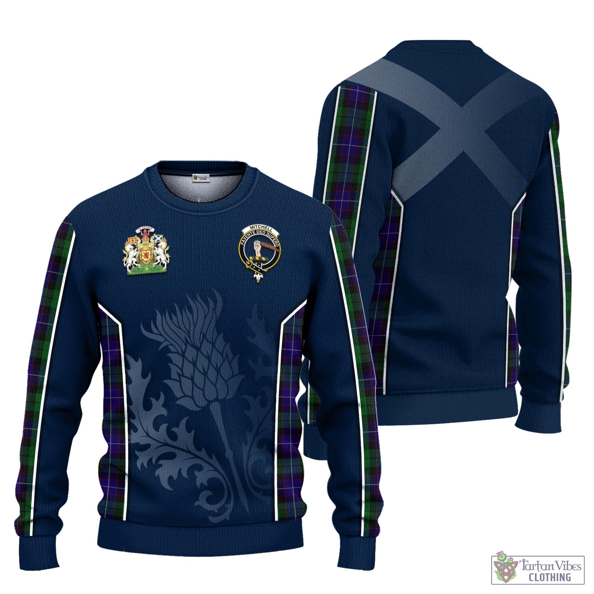 Mitchell Tartan Knitted Sweatshirt with Family Crest and Scottish Thistle Vibes Sport Style Unisex - Tartan Vibes Clothing