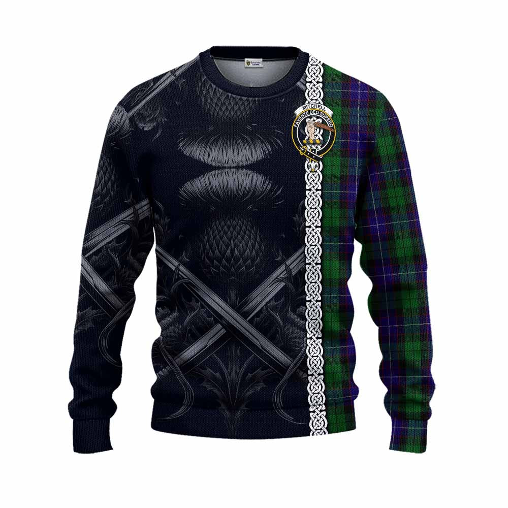 Mitchell Tartan Knitted Sweater with Family Crest Cross Sword Thistle Celtic Vibes Unisex - Tartan Vibes Clothing
