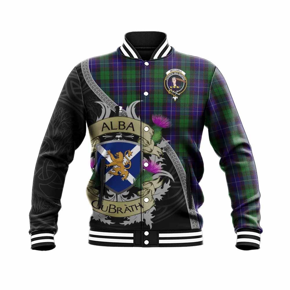 Mitchell Tartan Family Crest Baseball Jacket Lion Rampant Royal Thistle Shield Celtic Inspired Unisex - Tartan Vibes Clothing