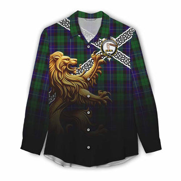 Mitchell Crest Tartan Women's Casual Shirt with Golden Lion Emblem Celtic Style Female - Tartan Vibes Clothing