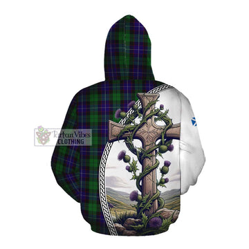 Mitchell Tartan Cotton Hoodie with Family Crest and St. Andrew's Cross Accented by Thistle Vines Pullover Hoodie - Tartan Vibes Clothing