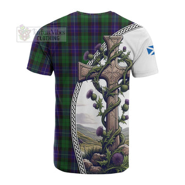 Mitchell Tartan Cotton T-shirt with Family Crest and St. Andrew's Cross Accented by Thistle Vines - Tartan Vibes Clothing
