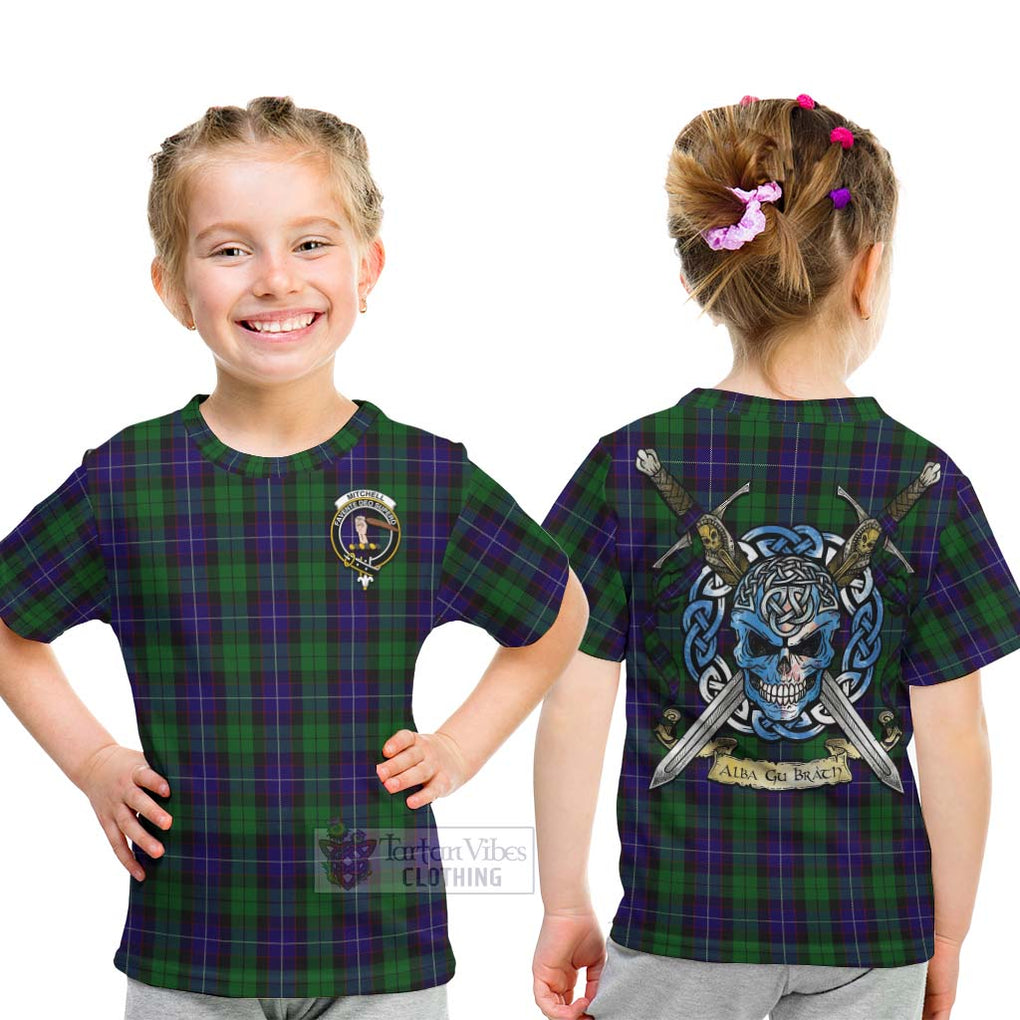 Mitchell Tartan Kid T-Shirt with Family Crest Celtic Skull Style - Tartan Vibes Clothing