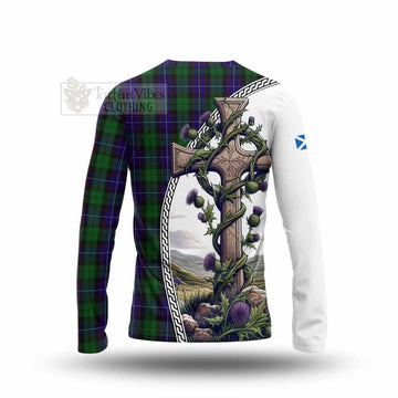 Mitchell Tartan Long Sleeve T-Shirt with Family Crest and St. Andrew's Cross Accented by Thistle Vines - Tartan Vibes Clothing