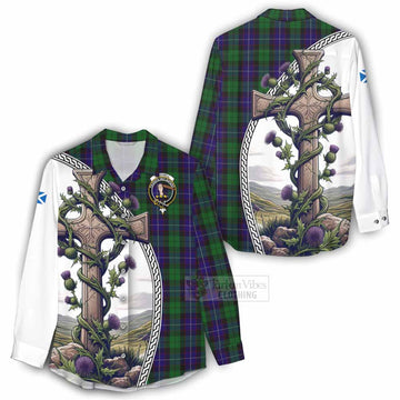 Mitchell Tartan Women's Casual Shirt with Family Crest and St. Andrew's Cross Accented by Thistle Vines - Tartan Vibes Clothing