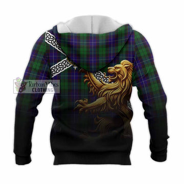Tartan Vibes Clothing Mitchell Crest Tartan Knitted Hoodie with Golden Lion Emblem Celtic Style