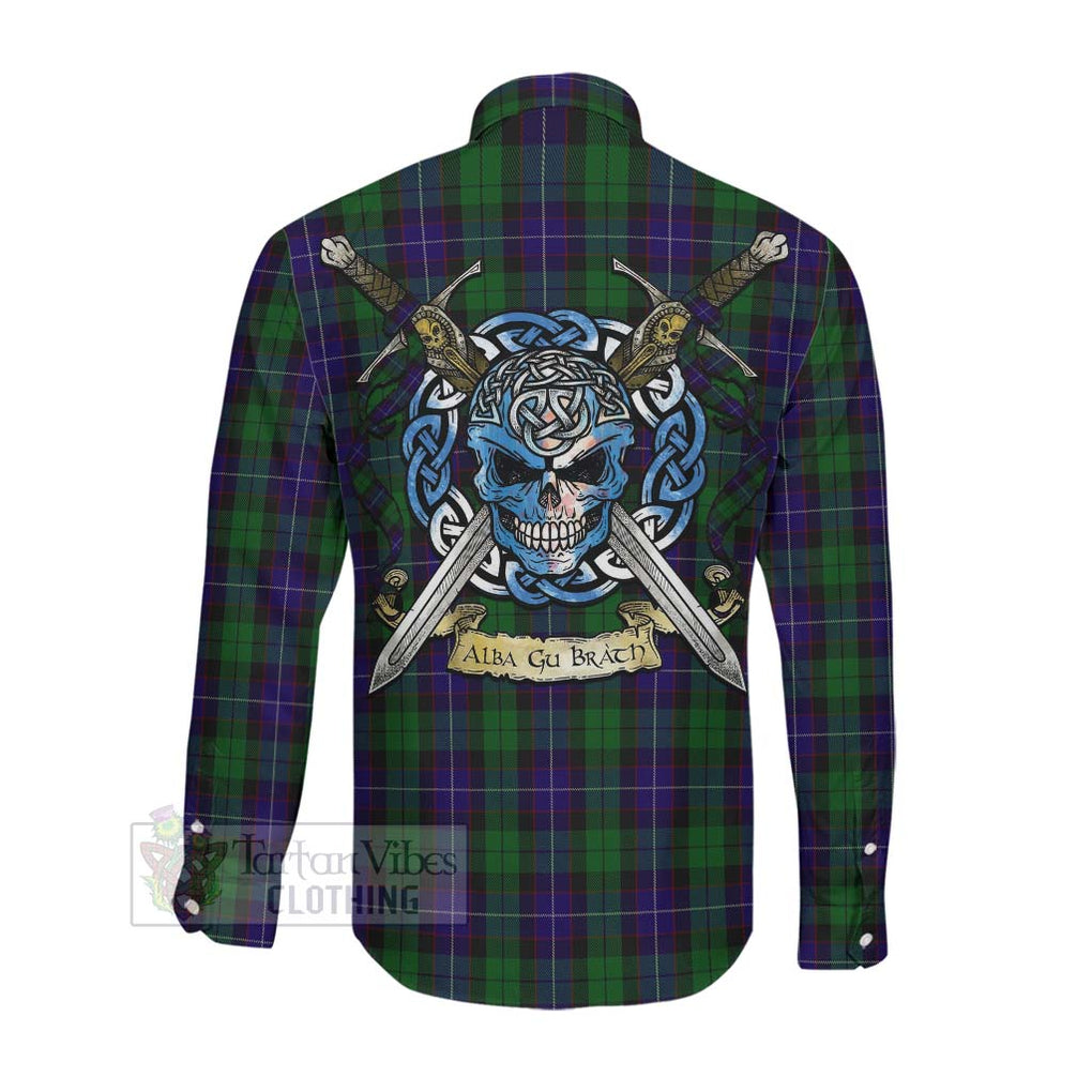 Mitchell Tartan Long Sleeve Button Shirt with Family Crest Celtic Skull Style Men's Shirt - Tartan Vibes Clothing