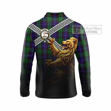 Mitchell Crest Tartan Long Sleeve Polo Shirt with Golden Lion Emblem Celtic Style - Tartan Vibes Clothing