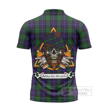 Mitchell Tartan Zipper Polo Shirt with Family Crest and Bearded Skull Holding Bottles of Whiskey - Tartan Vibes Clothing