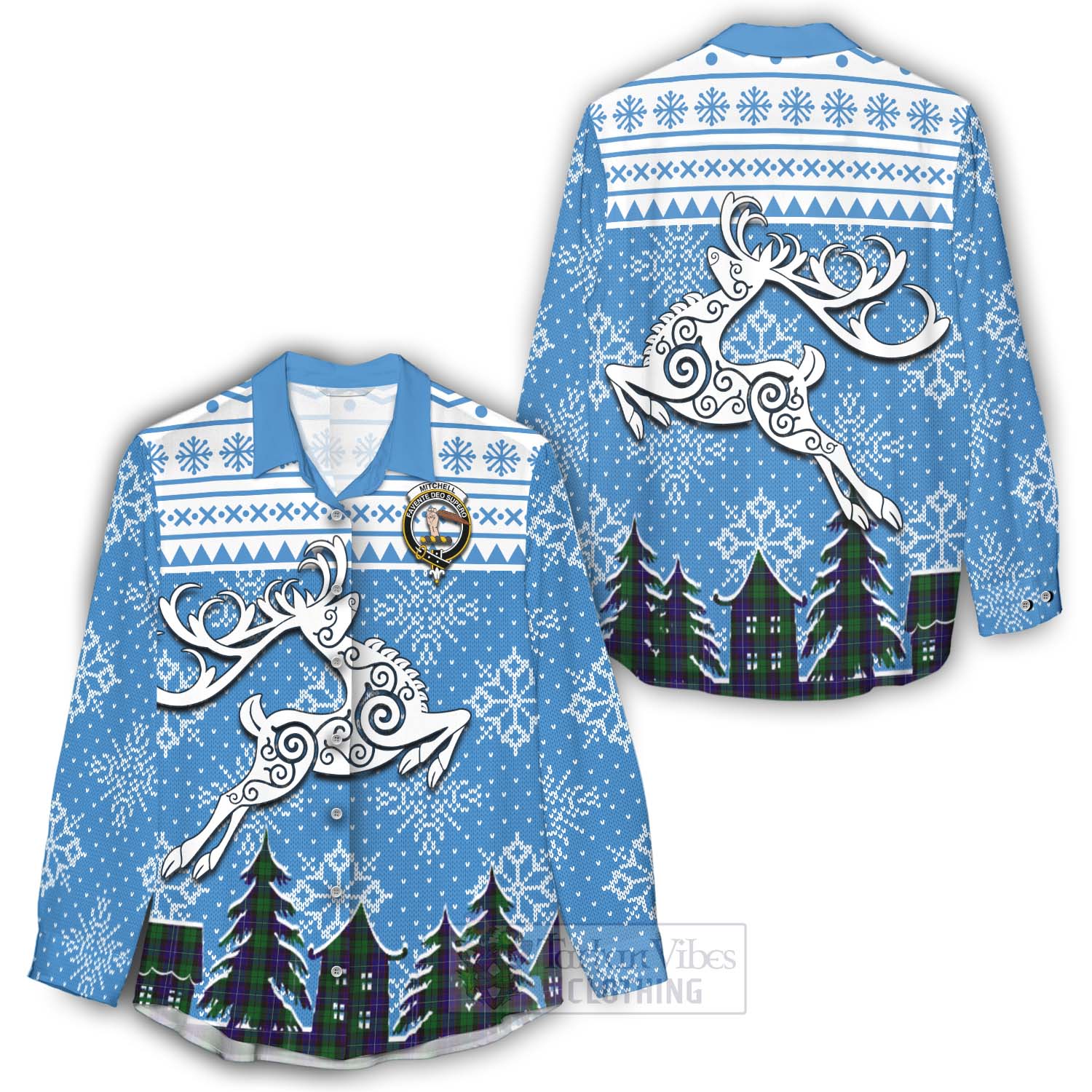 Mitchell Clan Christmas Women's Casual Shirt Celtic Reindeer Style - Tartan Vibes Clothing