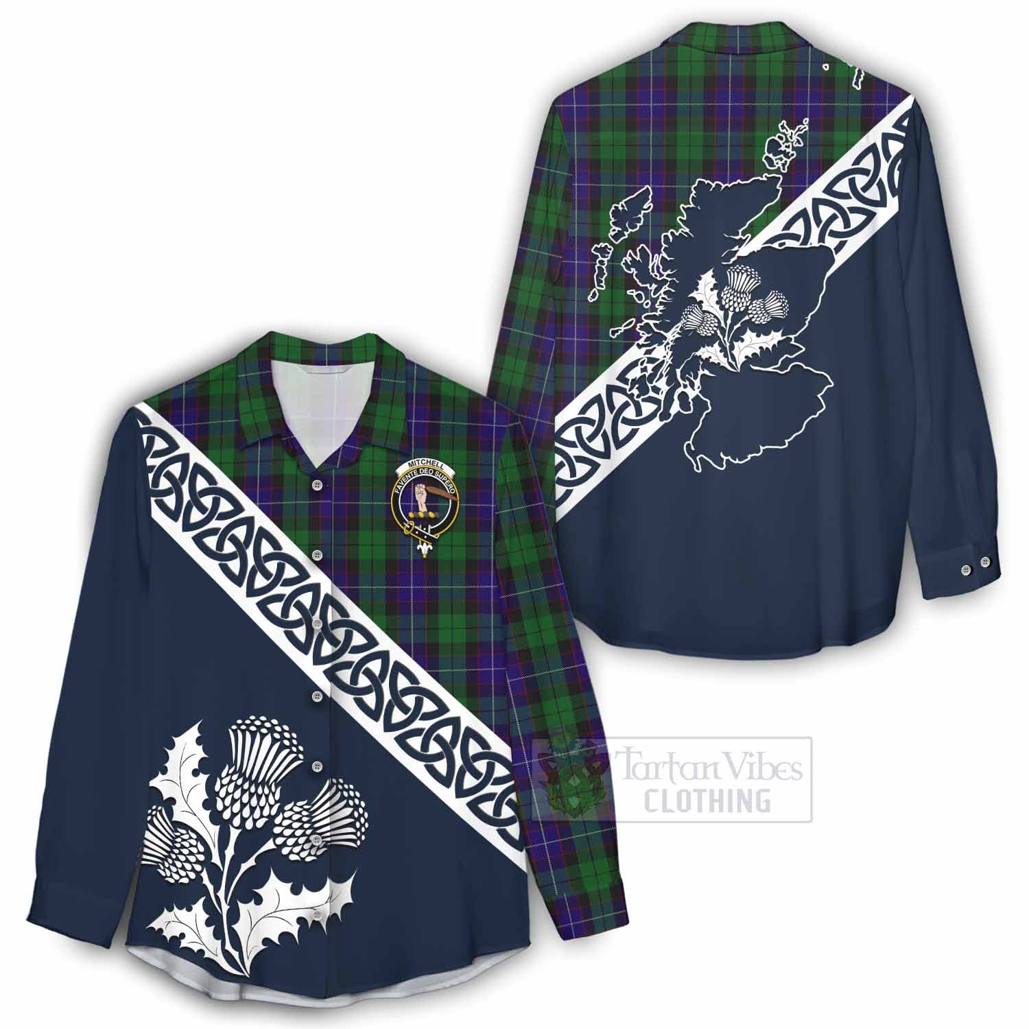 Mitchell Tartan Women's Casual Shirt Featuring Thistle and Scotland Map - Tartan Vibes Clothing