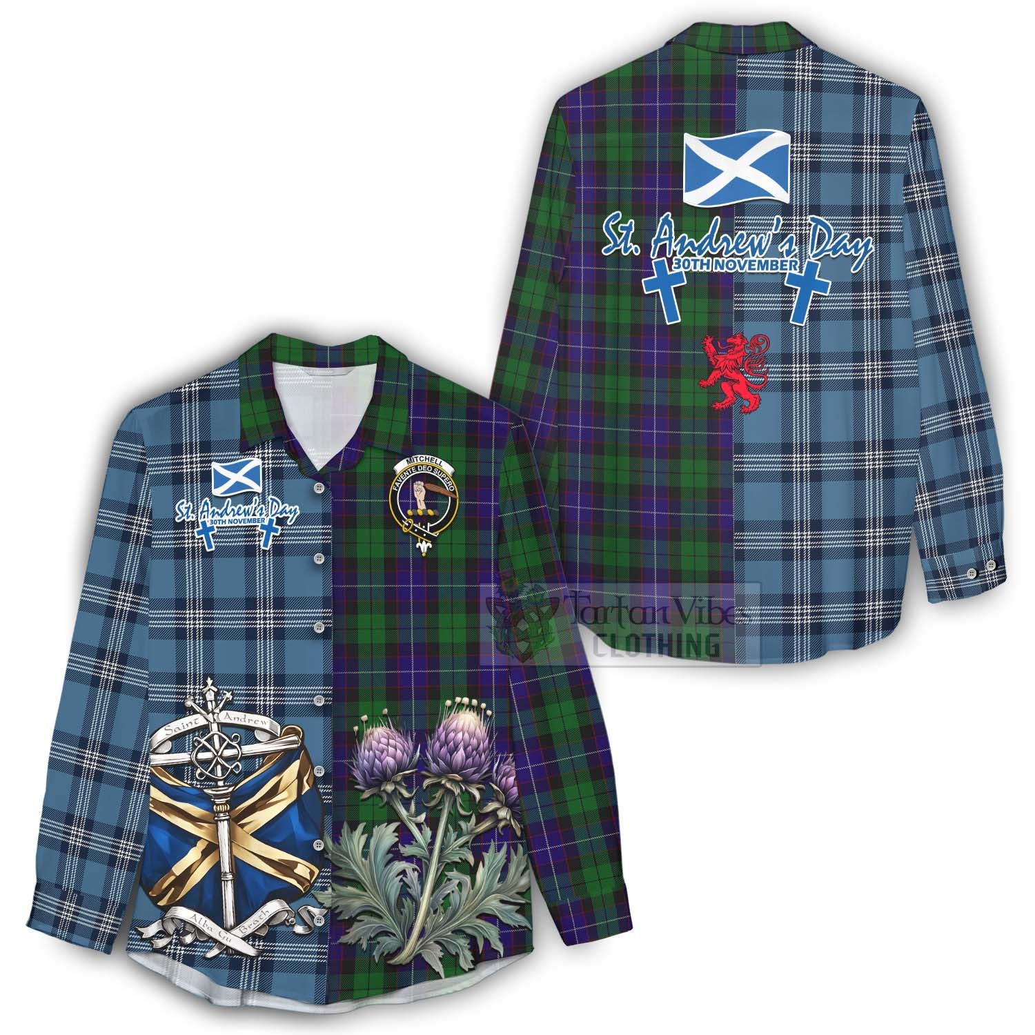 Mitchell Tartan Women's Casual Shirt Happy St. Andrew's Day Half Tartan Style - Tartan Vibes Clothing