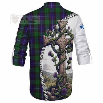 Mitchell Tartan Ghillie Kilt Shirt with Family Crest and St. Andrew's Cross Accented by Thistle Vines - Tartan Vibes Clothing