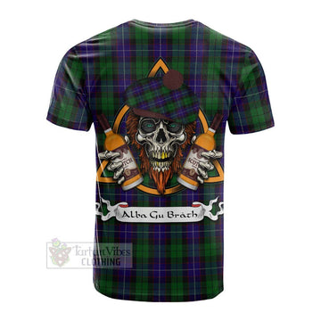 Mitchell Tartan Cotton T-shirt with Family Crest and Bearded Skull Holding Bottles of Whiskey - Tartan Vibes Clothing