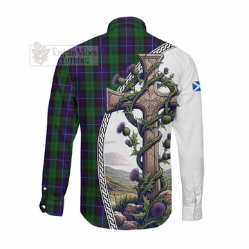 Mitchell Tartan Long Sleeve Button Shirt with Family Crest and St. Andrew's Cross Accented by Thistle Vines Men's Shirt - Tartan Vibes Clothing