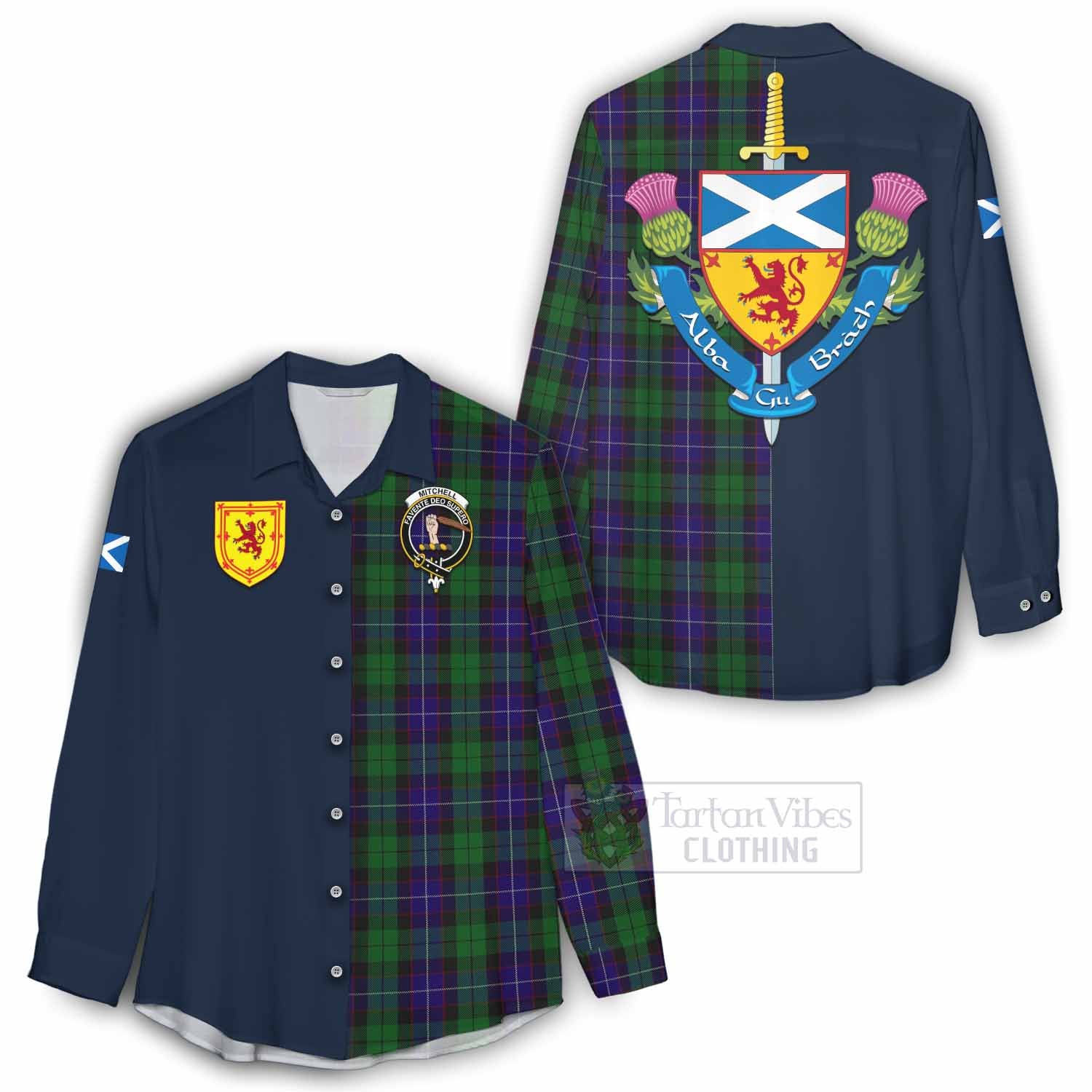 Mitchell Tartan Women's Casual Shirt Alba with Scottish Lion Royal Arm Half Style - Tartan Vibes Clothing