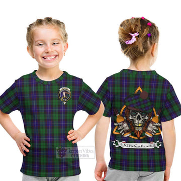Mitchell Tartan Kid T-Shirt with Family Crest and Bearded Skull Holding Bottles of Whiskey - Tartan Vibes Clothing