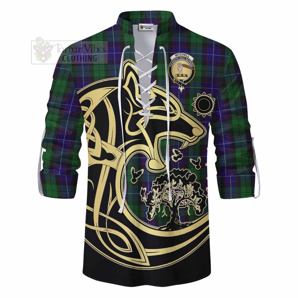Mitchell Tartan Ghillie Kilt Shirt with Family Crest Celtic Wolf Style - Tartan Vibes Clothing