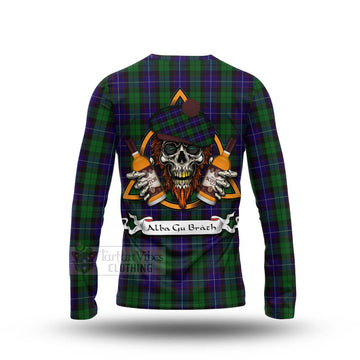 Mitchell Tartan Long Sleeve T-Shirt with Family Crest and Bearded Skull Holding Bottles of Whiskey - Tartan Vibes Clothing