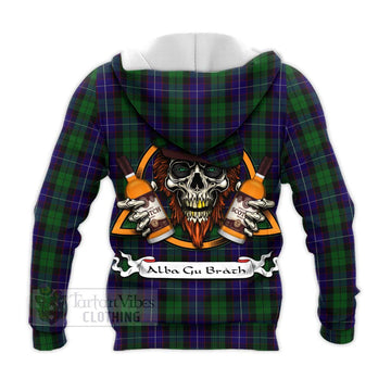 Mitchell Tartan Knitted Hoodie with Family Crest and Bearded Skull Holding Bottles of Whiskey - Tartan Vibes Clothing
