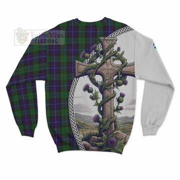Mitchell Tartan Sweatshirt with Family Crest and St. Andrew's Cross Accented by Thistle Vines - Tartan Vibes Clothing
