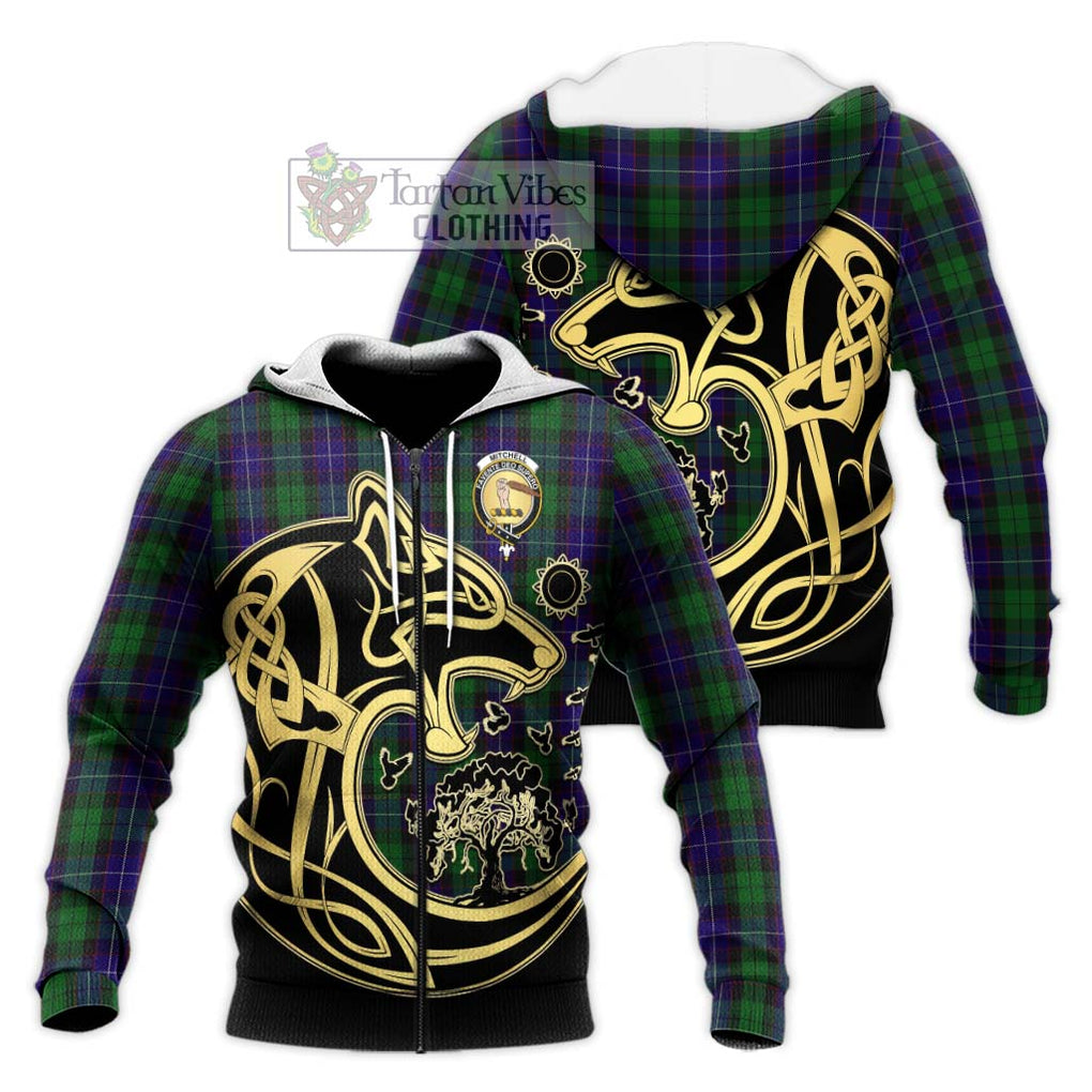 Mitchell Tartan Knitted Hoodie with Family Crest Celtic Wolf Style Unisex Knitted Zip Hoodie - Tartan Vibes Clothing