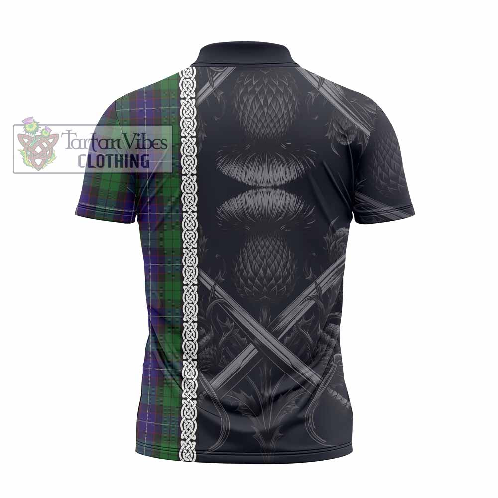 Mitchell Tartan Zipper Polo Shirt with Family Crest Cross Sword Thistle Celtic Vibes - Tartan Vibes Clothing