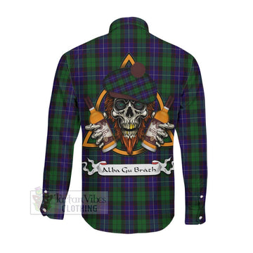 Mitchell Tartan Long Sleeve Button Shirt with Family Crest and Bearded Skull Holding Bottles of Whiskey Men's Shirt - Tartan Vibes Clothing