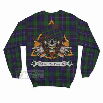 Mitchell Tartan Sweatshirt with Family Crest and Bearded Skull Holding Bottles of Whiskey - Tartan Vibes Clothing