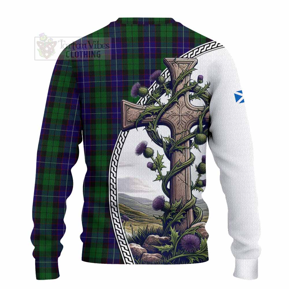 Mitchell Tartan Knitted Sweater with Family Crest and St. Andrew's Cross Accented by Thistle Vines - Tartan Vibes Clothing