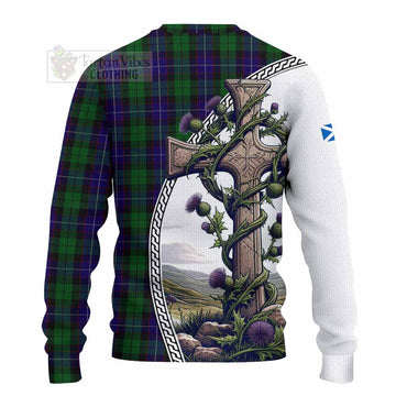 Mitchell Tartan Knitted Sweater with Family Crest and St. Andrew's Cross Accented by Thistle Vines - Tartan Vibes Clothing
