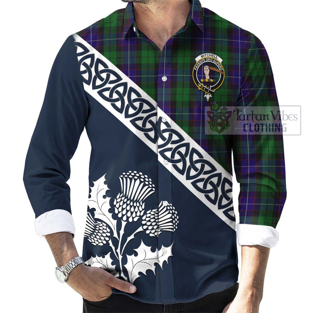 Mitchell Tartan Long Sleeve Button Shirt Featuring Thistle and Scotland Map Men's Shirt - Tartan Vibes Clothing